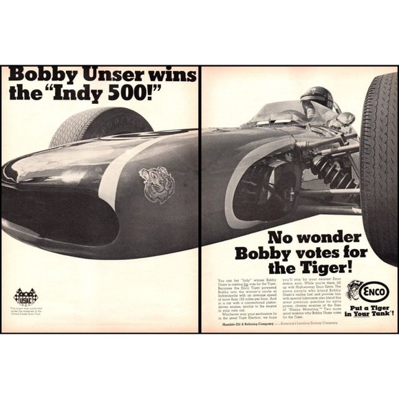1968 Enco Extra Gasoline Bobby Unser Indy 500 Winner 2 Page Vintage Print Ad Art - Picture 1 of 3